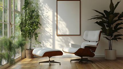 Poster - Cozy interior with a chair, ottoman, and plants by a large window.