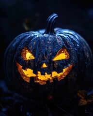 Canvas Print - Glowing pumpkin lantern with face in darkness