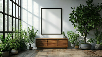 Poster - Bright interior with plants and a blank frame for artwork.