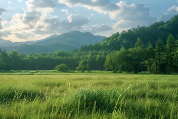 Wall Mural - Serene Landscape of Lush Green Fields and Majestic Mountains Under a Cloudy Sky