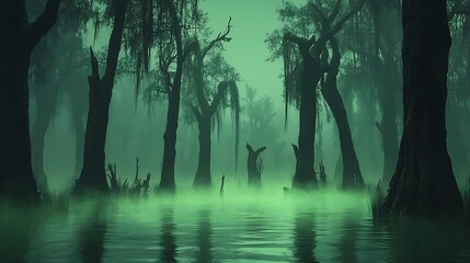 A mysterious cartoon-style swamp filled with crooked, gnarled trees. Green fog rises from the water, and faint outlines of creatures can be seen lurking in the shadows. The scene is dark and eerie,