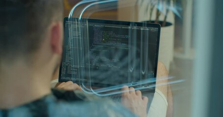 Close up Man coding html and programming on screen Monitors, development web, developer.