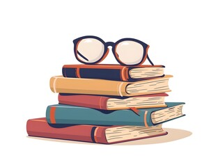 Poster - Cartoon Stack of Books with Reading Glasses on White Background Symbolizing Knowledge and Learning