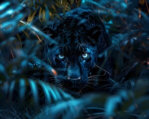 Canvas Print - A Sleek Black Panther Prowls Through the Dense Jungle at Night Its Glowing Eyes Filled with Intensity and Stealth