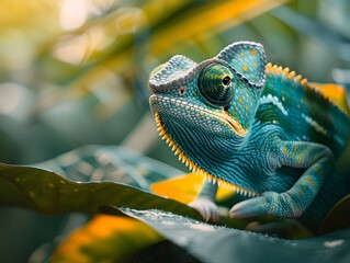 Sticker - Vibrant Chameleon Blending Into Tropical Leaf Showcases Nature s Incredible Adaptability