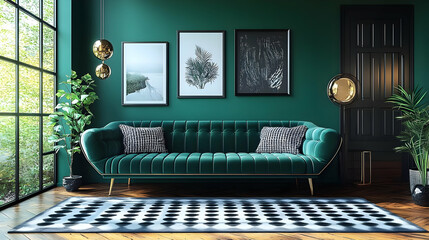 Wall Mural - A stylish living room with a green sofa and modern decor.