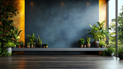 Sticker - Modern interior with plants and a textured wall for aesthetic appeal.