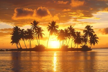 Wall Mural - Serene Sunset Over Tropical Island with Silhouetted Palm Trees