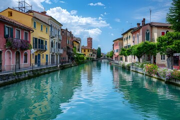 Wall Mural - Serene Canal View with Colorful Buildings and Lush Greenery