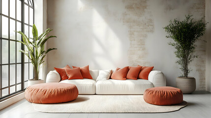 Poster - Cozy living room with a white sofa and orange accents.