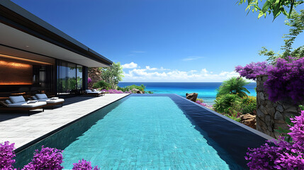 Poster - Luxurious villa with infinity pool overlooking the ocean.