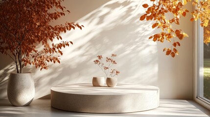 Poster - A white room with a large vase of orange leaves and a small vase of flowers