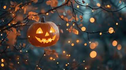 Wall Mural - halloween pumpkin face decoration with sparkling lights on tree branches