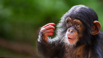 portrait of a cute baby chimpanzee using hand gestures with room for text
