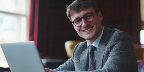 Wall Mural - Smiling Professional Man in Suit at Laptop