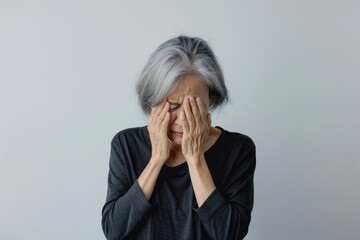 Elderly woman covering face sorrowfully