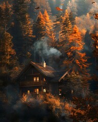 Wall Mural - Rustic Autumn Cabin Nestled Among Fiery Foliage Adorned Trees with Warm Glow and Curling Smoke