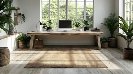 Sticker - Modern office space with natural light and greenery.