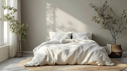 Poster - Cozy bedroom with a bed, plants, and natural light.