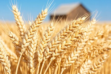 Golden Wheat Field with Rustic Barn Under Clear Blue Sky