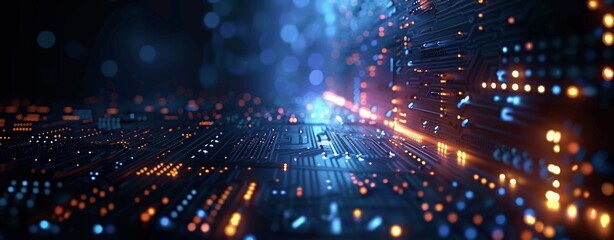 Poster - Abstract Digital Background with Glowing Lights and Circuit Board Elements on Dark Blue