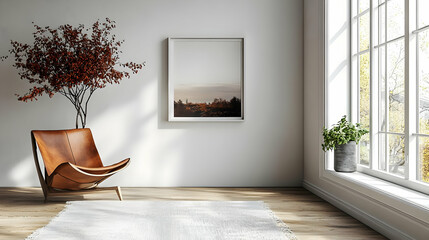 Canvas Print - Cozy interior with a modern chair, artwork, and natural light.