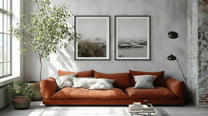 Poster - Cozy living room featuring an orange sofa and framed artwork.