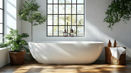 Wall Mural - Modern bathroom with a freestanding tub and natural light.