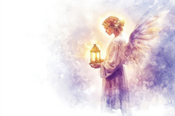 Christmas angel is gently holding a luminous lantern, spreading warmth and light