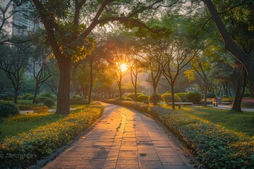 Wall Mural - Serene Sunset Pathway Through Lush Greenery