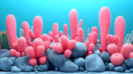 Wall Mural - Vibrant underwater scene with pink coral and rocks.