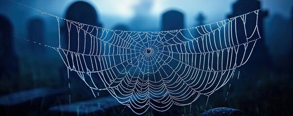 Poster - A haunting spider web glistens with dew in an eerie graveyard, creating a spooky scene shrouded in mist and mystery.