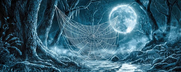 Poster - A mysterious forest scene illuminated by a full moon, featuring a large spider web and eerie atmosphere.
