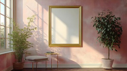 Canvas Print - A serene interior featuring a blank frame, plant, and chair.