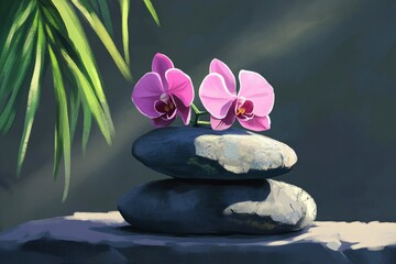 Zen stones with two bright orchid - generative ai