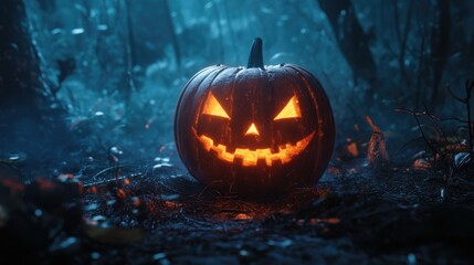 Wall Mural - glowing pumpkin in moonlight surrounded by spooky forest