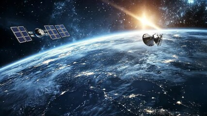 Wall Mural - Two satellites orbit Earth, illuminated by the bright light of the sun