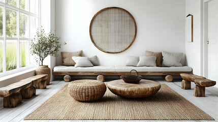 Canvas Print - Minimalist living room with natural materials and neutral tones.