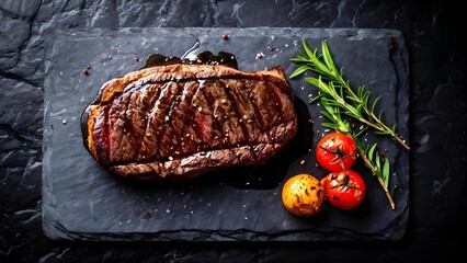 Grilled steak with herbs and tomatoes on dark background, gourmet food photography