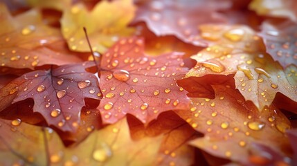 Poster - A close up of a pile of autumn leaves with water droplets on them