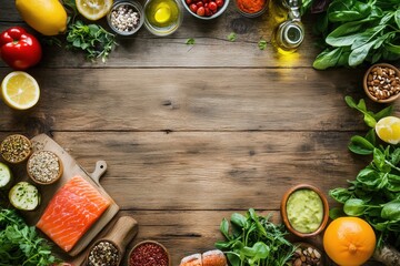 Selection of healthy food on rustic wooden background