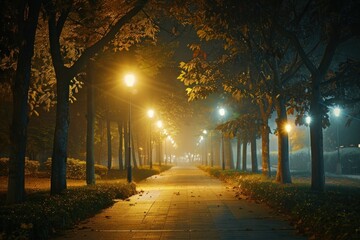 Canvas Print - Beautiful park with light at night outdoors nature autumn.