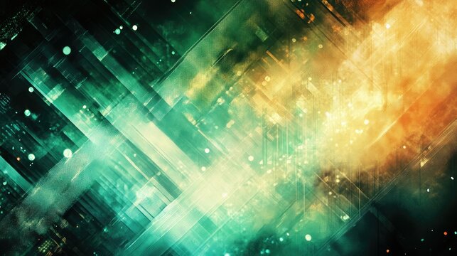 A digital abstract background with pixelated shapes and data streams, evoking themes of technology and innovation.