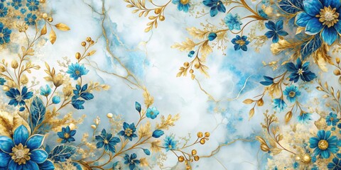 Wall Mural - Abstract blue gold floral marble texture background, marble, blue, gold, floral, texture, abstract, background, elegant