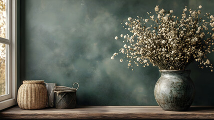 Poster - A serene shelf display with vases and dried flowers against a textured wall.