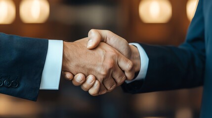 Two business professionals shaking hands, blurred office background