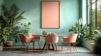 Canvas Print - Modern dining area with plants and a blank wall for decoration.