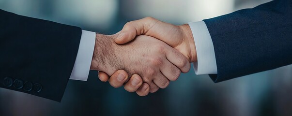 Two business professionals shaking hands in a professional setting.