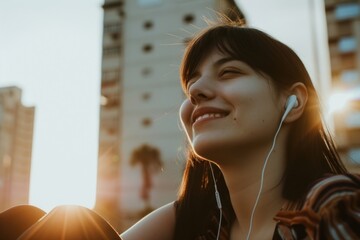 Canvas Print - Young happy female listening music adult.