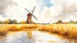 © Валерий Тодаренко - A tranquil watercolor scene of a windmill standing tall amidst golden fields of barley, with a small pond reflecting the sky, representing the peacefulness of the Dutch countryside.